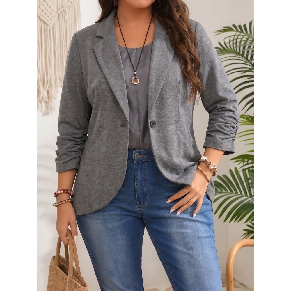 Gibson Ruched Sleeve Blazer Jacket Heather Gray Medium Single Button Knit Career